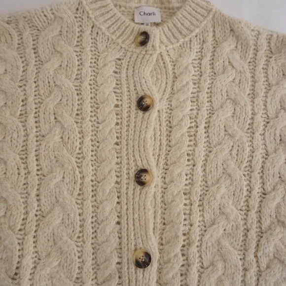 Charli Cream Cable Knit Button Front Cardigan Chunky Textured Grandpa One Size - Picture 6 of 10